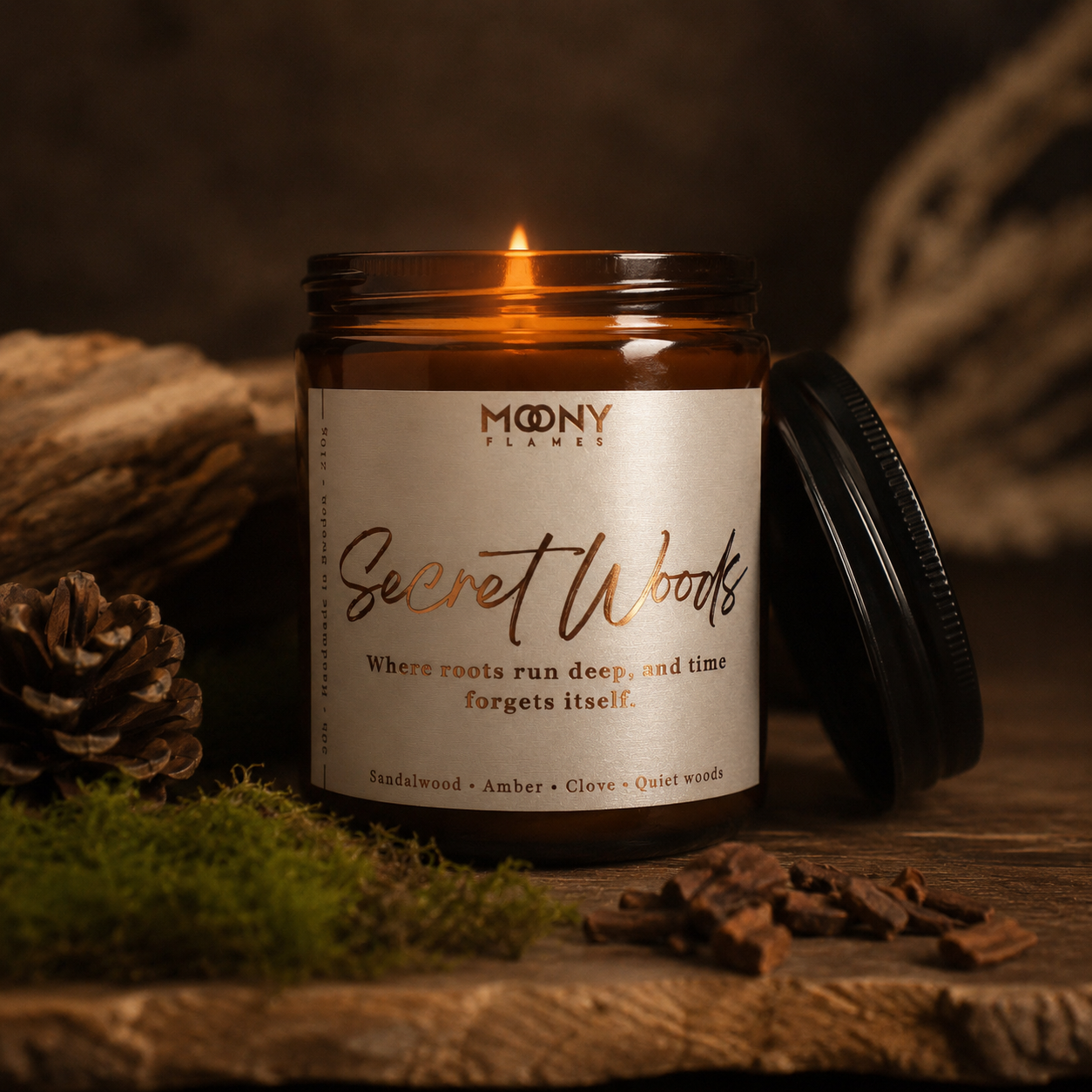 Tänt Secret Woods doftljus med sandelträ och amber, handgjort i Småland av Moony Flames