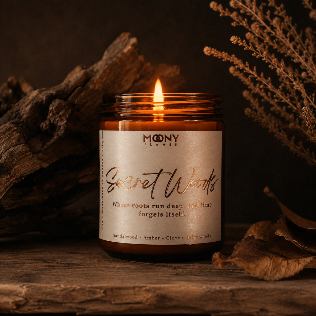 Tänt Secret Woods träigt doftljus med sandelträ, cederträ och amber i varm skogsinspirerad miljö.