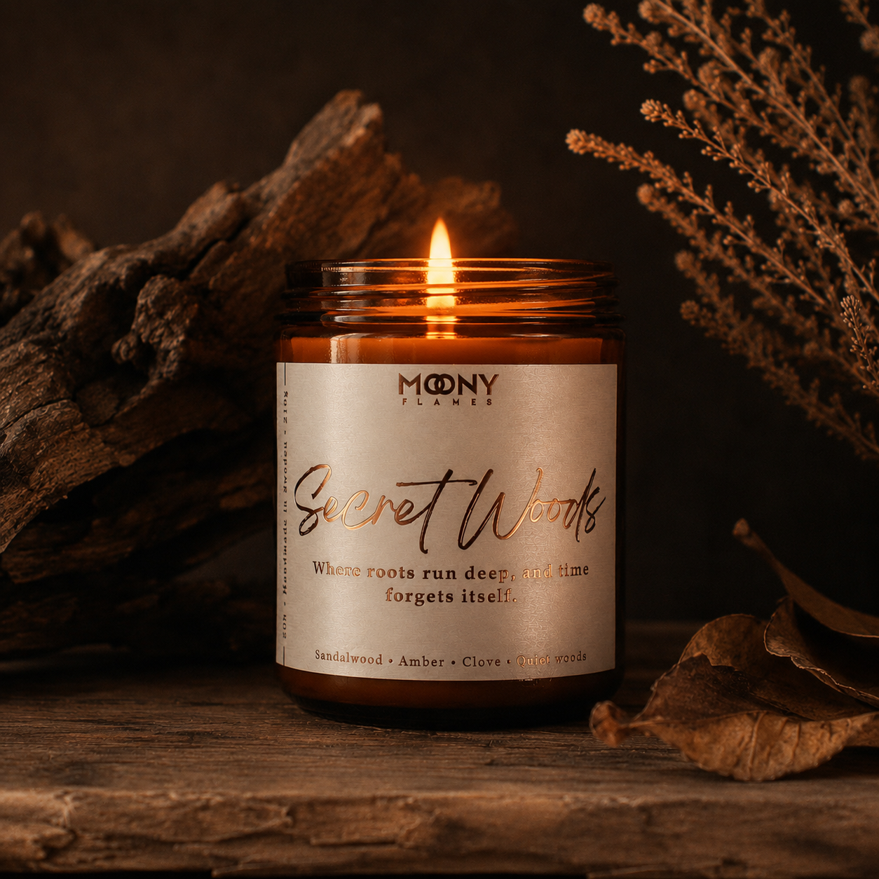 Tänt Secret Woods träigt doftljus med sandelträ, cederträ och amber i varm skogsinspirerad miljö.