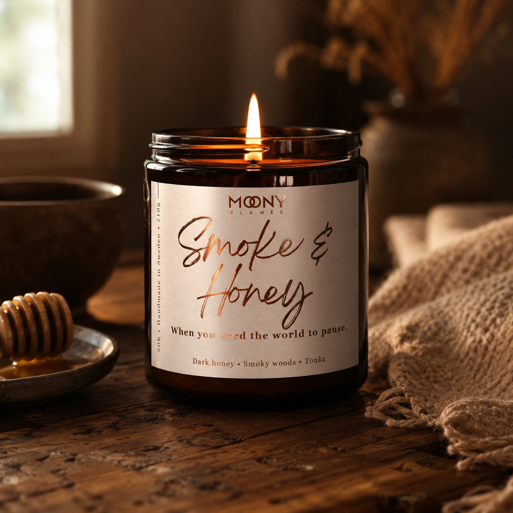 Tänt Smoke & Honey doftljus från Moony Flames som skapar känslan av en stilla kväll med levande ljus, mjuka filtar och en varm doft av honung, trä och amber.