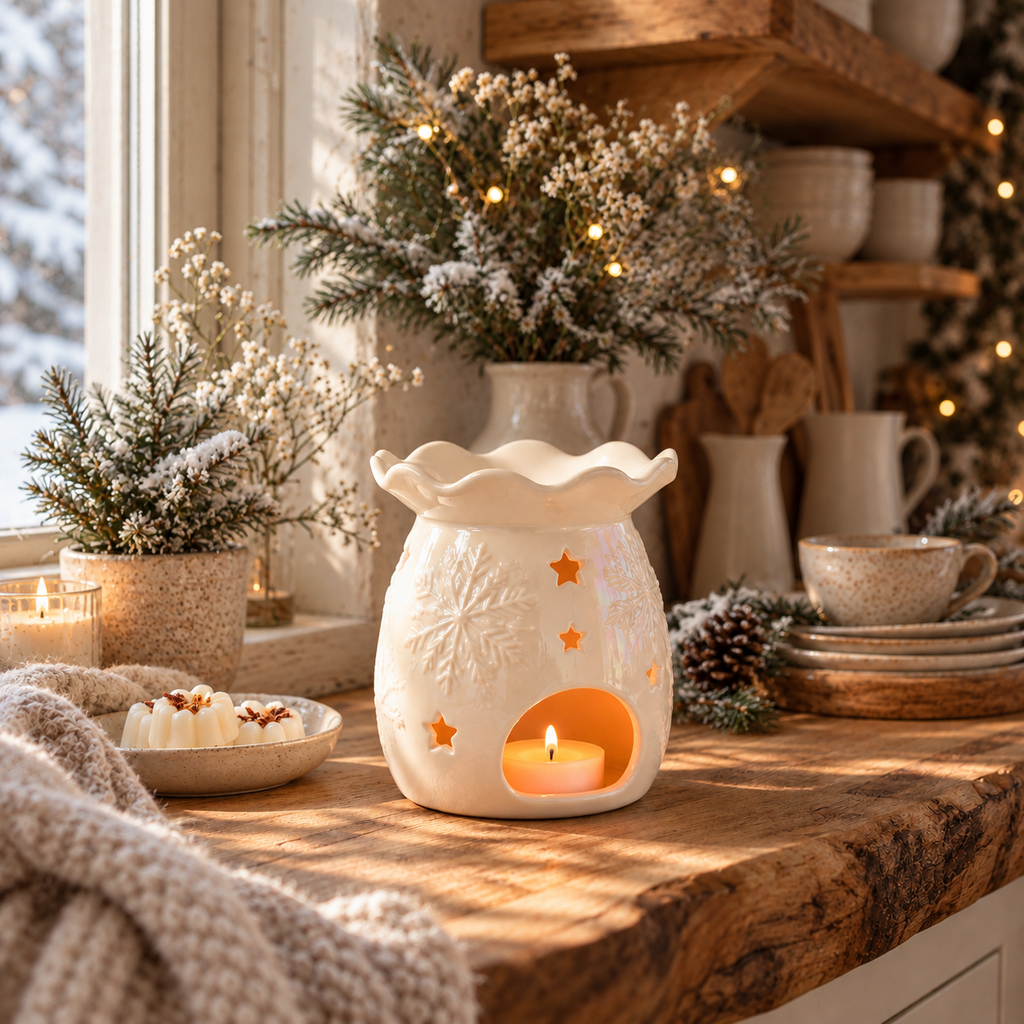 Snowflake aromalampa i vit keramik med snöflingemönster och tänt värmeljus på en rustik köksbänk, omgiven av granris, kottar och vintriga dekorationer.