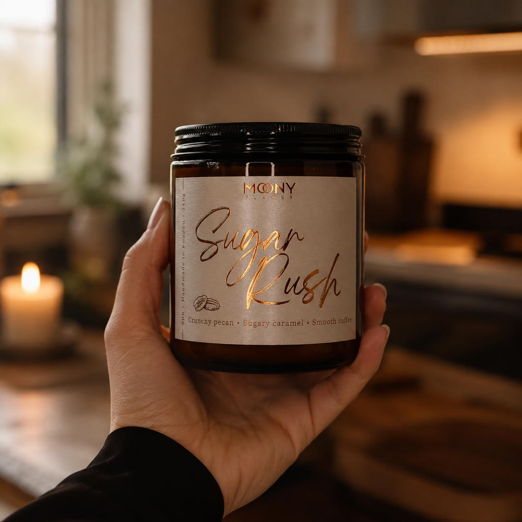 Sugar Rush handgjort doftljus från Moony Flames i handen som visar storleken på ljuset och fångar känslan av ett varmt hem fyllt av doften av karamell, pekannöt och nybakat.