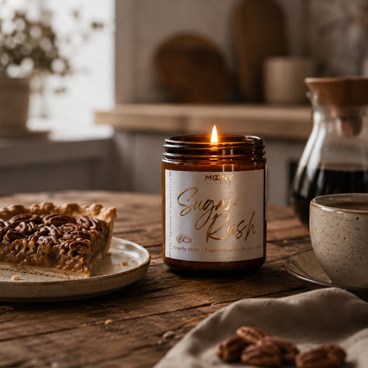 Handgjort Sugar Rush doftljus från Moony Flames med doft av karamell, pekannöt och kaffe. Ett gourmanddoftljus inspirerat av nybakade bakverk och fikastunder.
