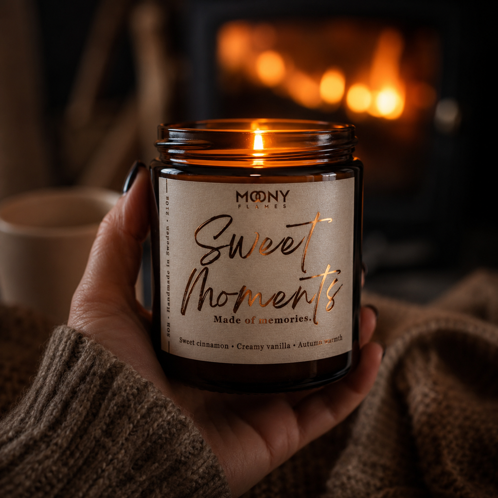 Sweet Moments handgjort doftljus från Moony Flames hålls i handen och visar den eleganta etiketten med kopparfolie på brunt glas.