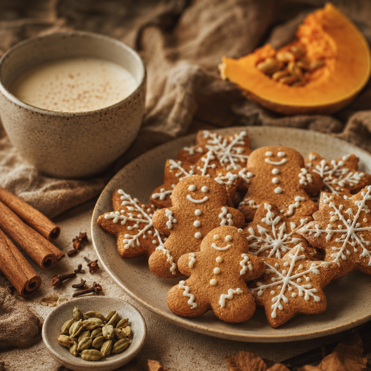 Nybakade pepparkakor med kanel, kardemumma och pumpa som illustrerar den varma, kryddiga doften doftljuset  Sweet Moments från Moony Flames i Strömby, Småland.