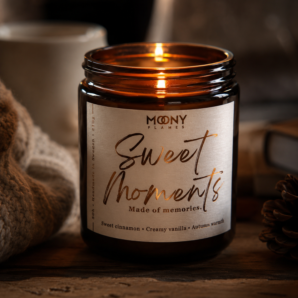 Tänt Sweet Moments handgjort doftljus i brunt glas som sprider en varm och inbjudande höstdoft.