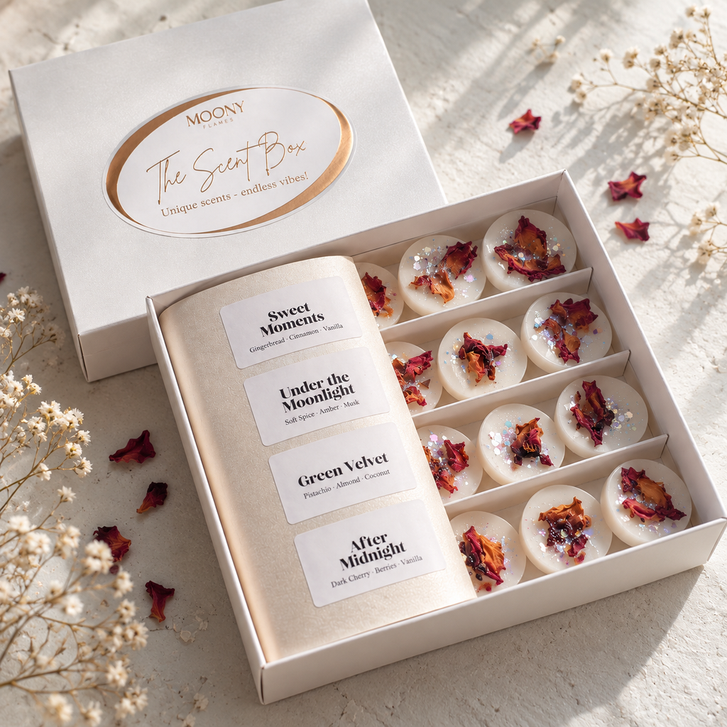 The Scent Box från Moony Flames med handgjorda doftpraliner i fyra dofter, dekorerade med torkade blomblad och bioglitter.