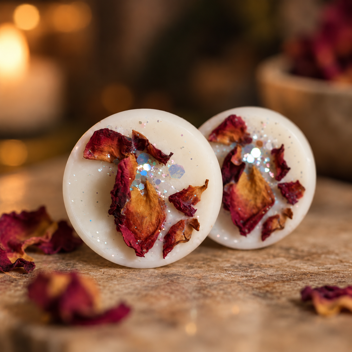 Två handgjorda doftpraliner med torkade blommor och glitter från Moony Flames.