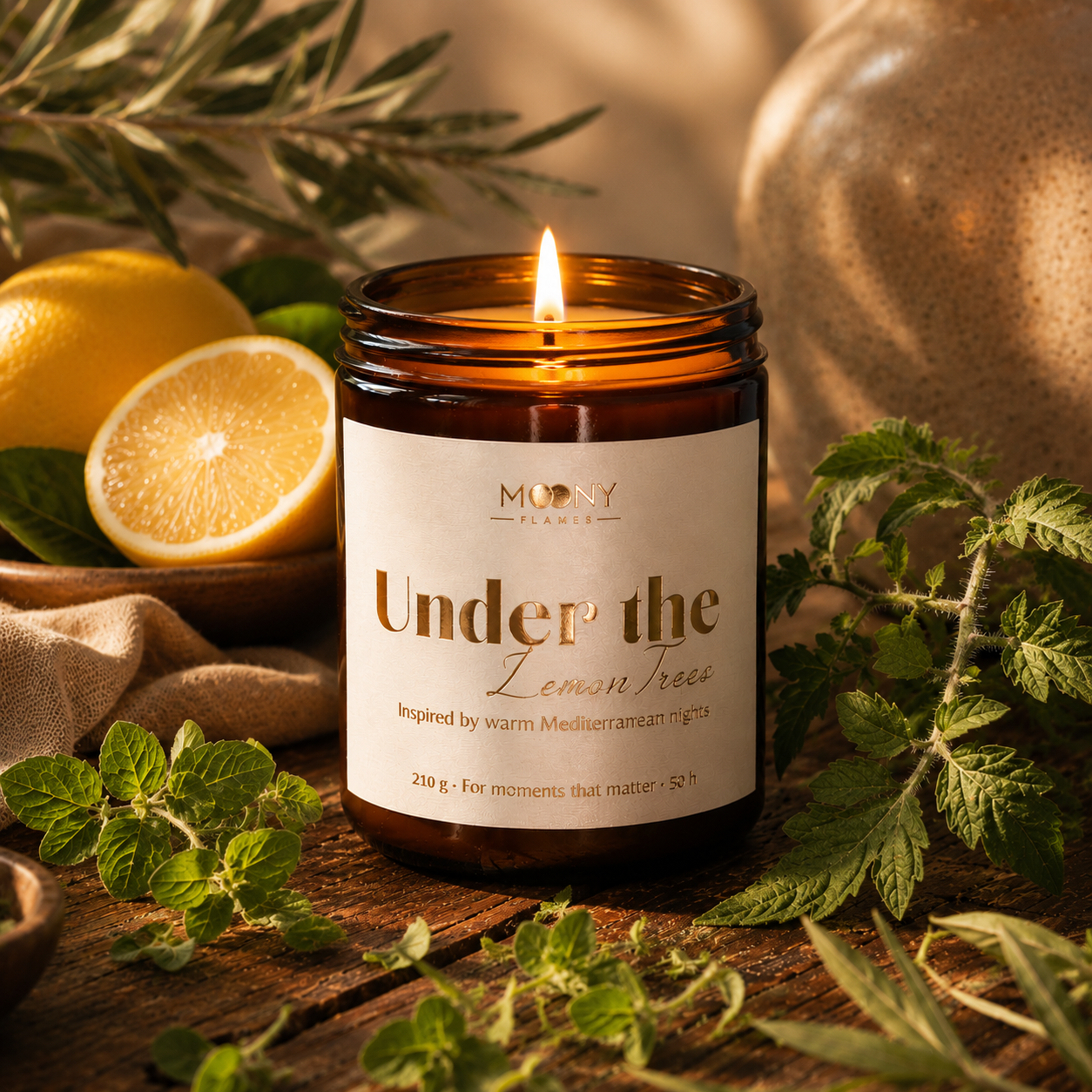 Handgjort Under the Lemon Trees doftljus från Moony Flames i amberglas. Tänd doftljusbild med citroner, färska örter och varm medelhavskänsla. Inspirerat av citronlundar, gröna noter och långa sommarkvällar i Medelhavet, tillverkat i Småland, Sverige.