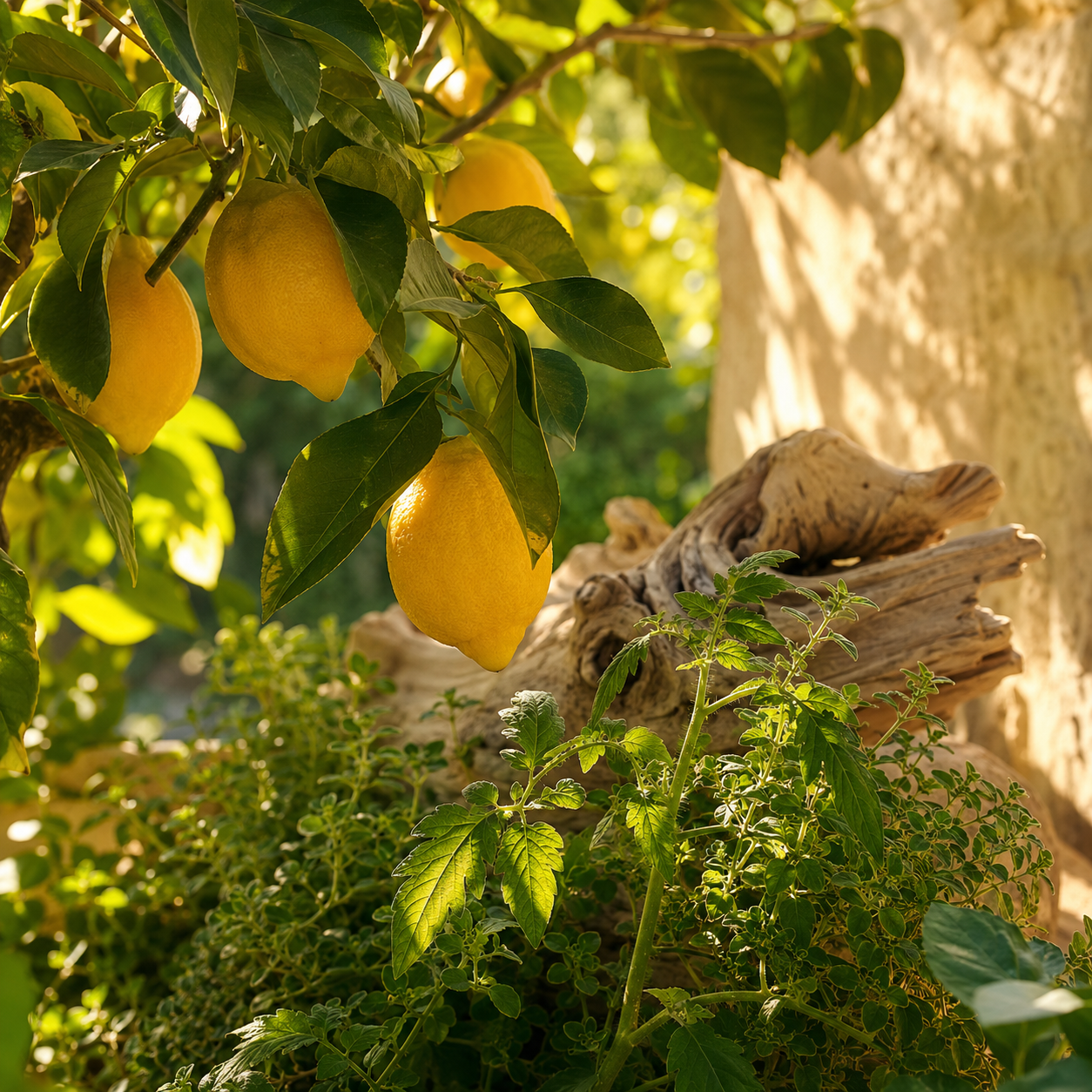 Solmogna citroner bland gröna blad och medelhavsörter som illustrerar den friska doften i det handgjorda doftljuset Under the Lemon Trees från Moony Flames från Strömby, Småland.