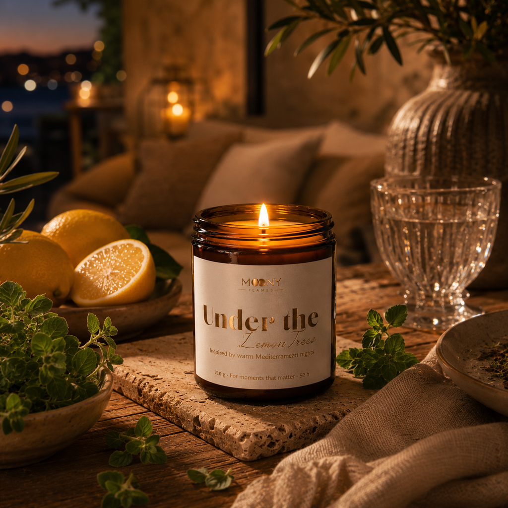 Handgjort Under the Lemon Trees doftljus från Moony Flames omgivet av citroner, aromatiska örter och varm kvällsbelysning. Ett medelhavsinspirerat doftljus med frisk citrus, gröna noter och känslan av långa sommarkvällar under citronträden. Tillverkat i Småland, Sverige.