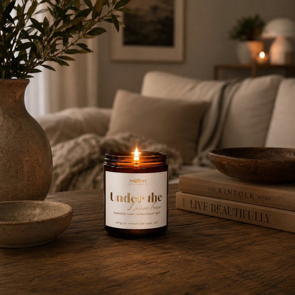 Under the Lemon Trees doftljus från Moony Flames tänt i ett mysigt skandinaviskt vardagsrum. Handgjort doftljus inspirerat av varma medelhavskvällar med frisk citrus, gröna noter och en lugn atmosfär, tillverkat i Småland, Sverige.