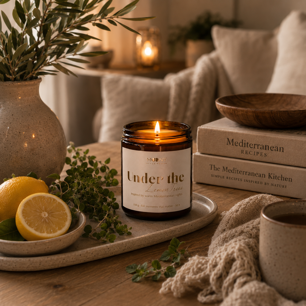 Under the Lemon Trees doftljus från Moony Flames tänt i ett mysigt skandinaviskt vardagsrum med citroner, färska örter och medelhavsinspirerad inredning. Handgjort doftljus med frisk citrus och gröna noter, tillverkat i Småland, Sverige.