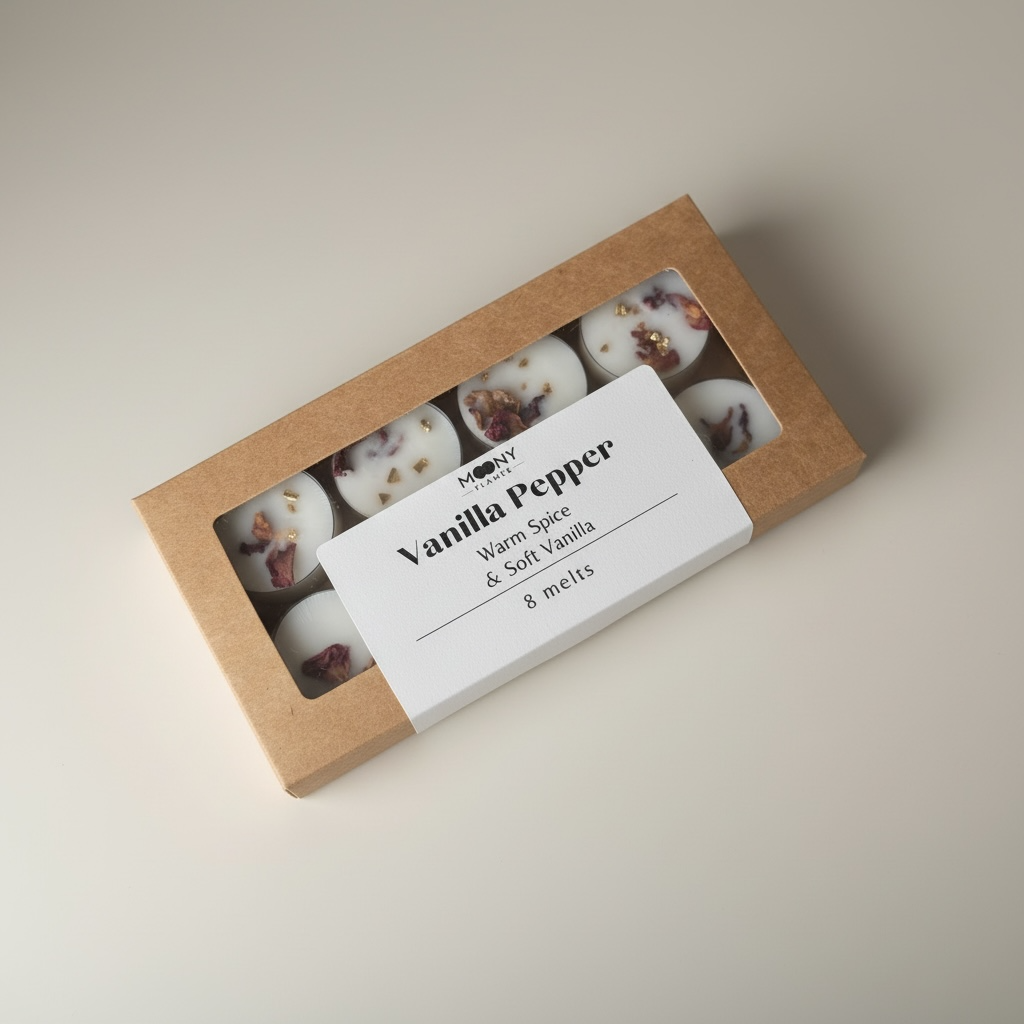 Ask med 8 doftvaxpraliner Vanilla Pepper från Moony Flames Sverige.