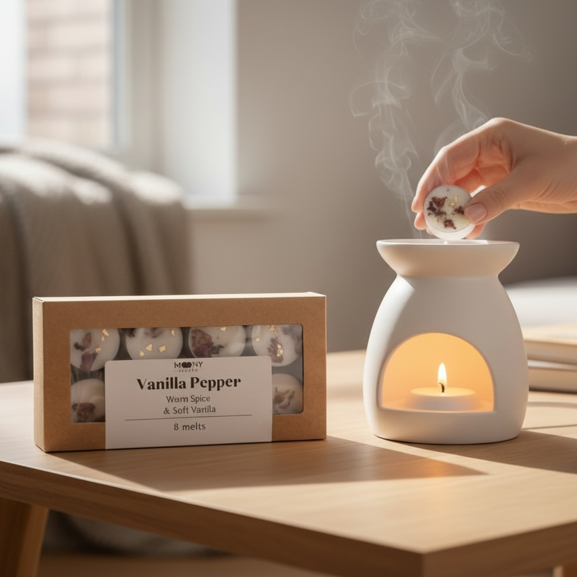 Wax melts Vanilla Pepper i aromalampa som sprider varm doft av vanilj och krydda i ett mysigt vardagsrum.