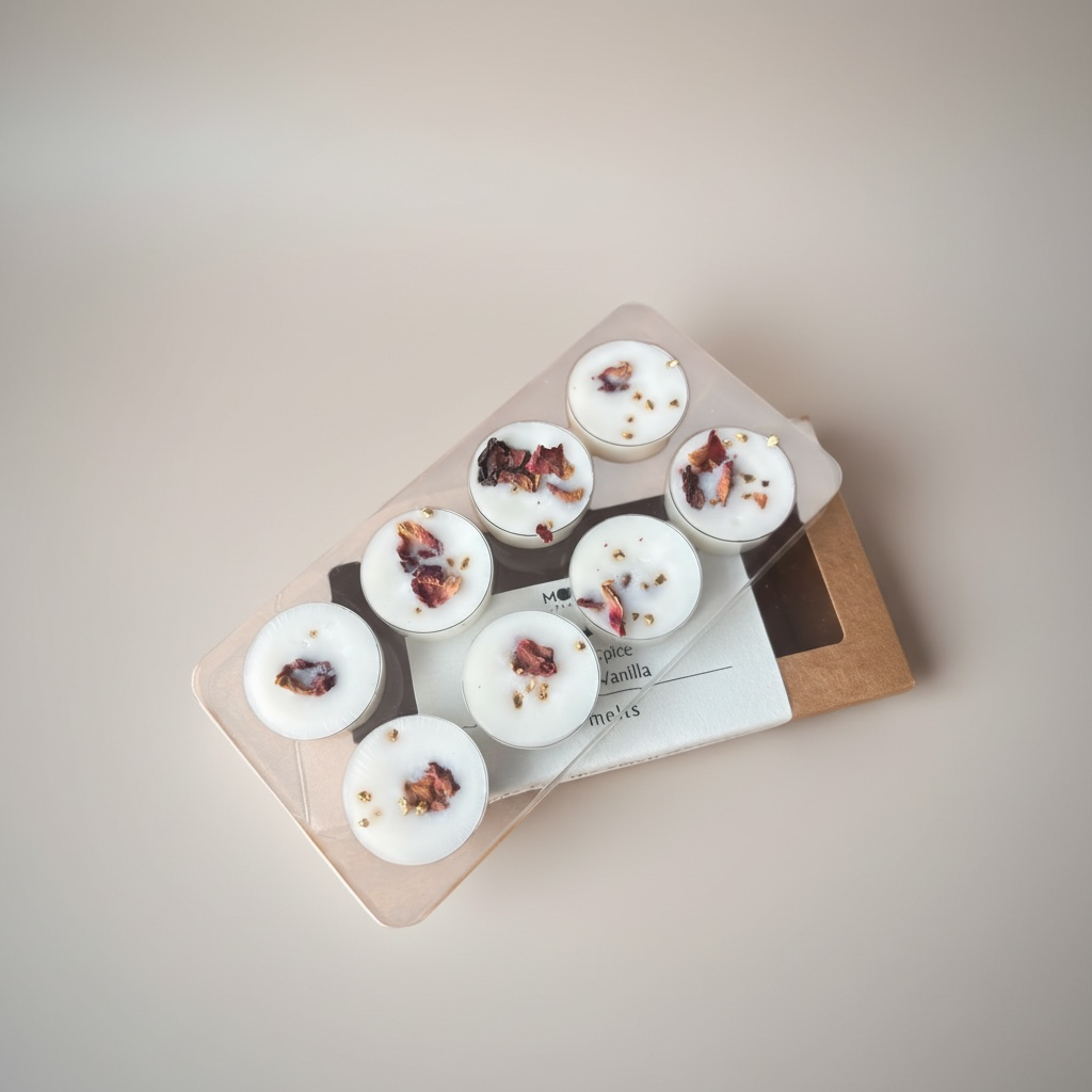 Handgjorda wax melts Vanilla Pepper med torkade blommor från Moony Flames Sverige.