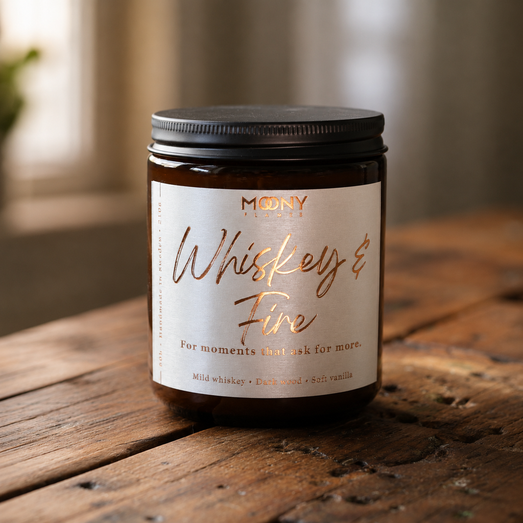 Whiskey & Fire doftljus från Moony Flames på rustikt träbord med mjukt suddig bakgrund och varm naturlig belysning. Handgjort doftljus med noter av mild whiskey, mörkt trä och mjuk vanilj, tillverkat i Småland, Sverige.