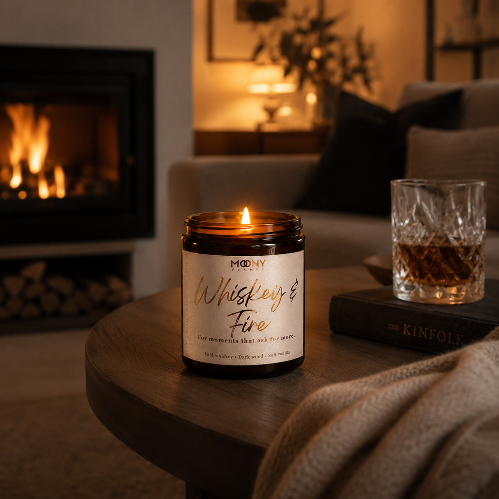 Whiskey & Fire doftljus från Moony Flames tänt i ett mysigt skandinaviskt vardagsrum med brasa, whiskeyglas och varm kvällsbelysning. Handgjort doftljus med noter av mild whiskey, mörkt trä och mjuk vanilj, tillverkat i Småland, Sverige.